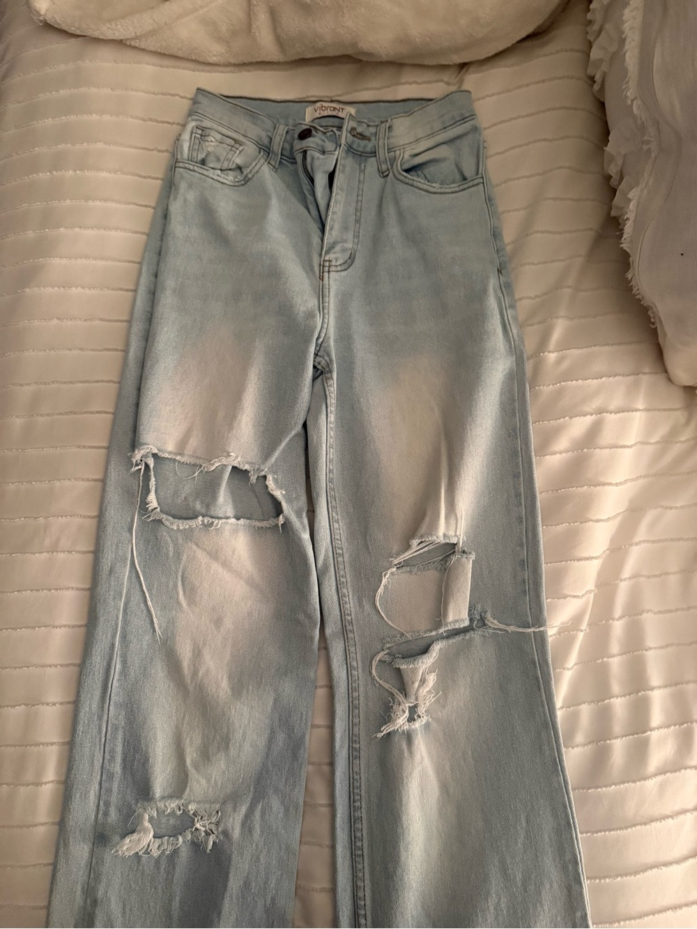 Vibrant Light Blue Distressed Straight Leg Jeans